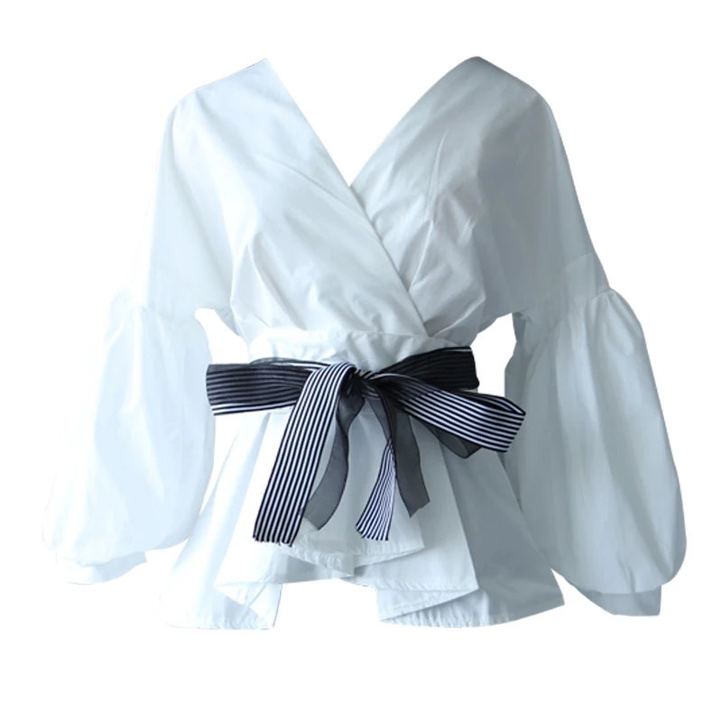 Женская рубашка ALPHALMODA с треугольным вырезом длинным рукавом и бантом на