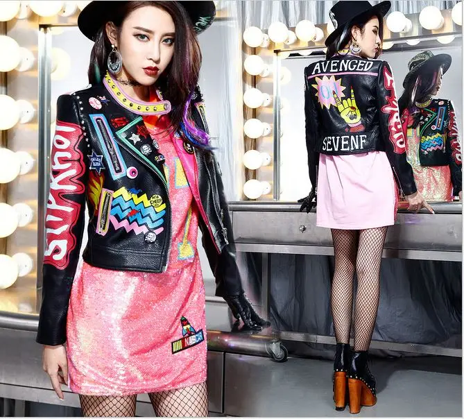 Куртка женская из экокожи с принтом в стиле панк и граффити|letter jacket|coats coatsjacket rivet |