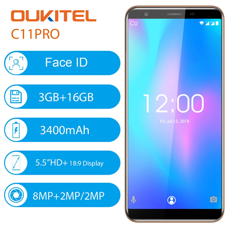 Original OUKITEL C11 Pro 5.5 inch 18:9 Android 8.1 Mobile Phone Quad Core 3GB RAM 16GB ROM 4G Cell phones 3400mAh Smartphone | Мобильные