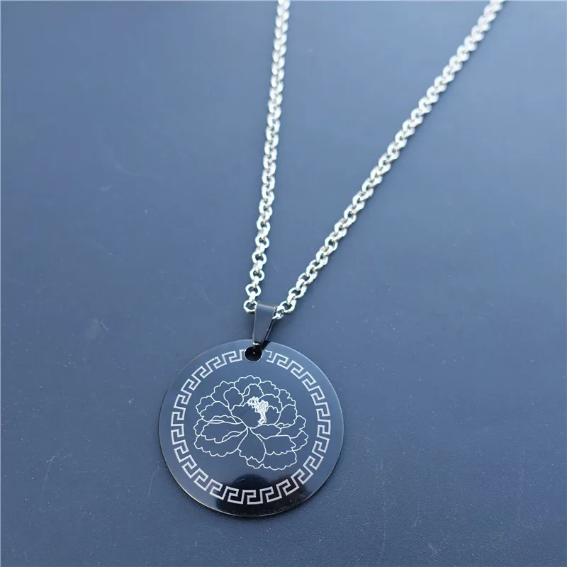 

Women Necklaces Stainless Steel Peony Flower Necklace Fashion Round Tag Black Pendant Jewelry