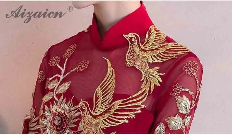 Красный невесты короткий Cheongsam Современная вышивка Qi Pao женский китайский традиционный свадебный платье Ципао Chinoise вечерние платья