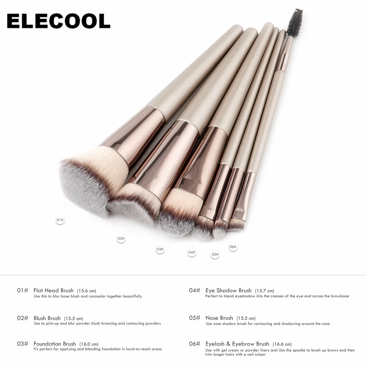Elecool 6 шт. шампанское золото макияж кисть для теней для век Пудра-основа консилер Тональная основа для лица кисть для профессионального макияжа Инструменты