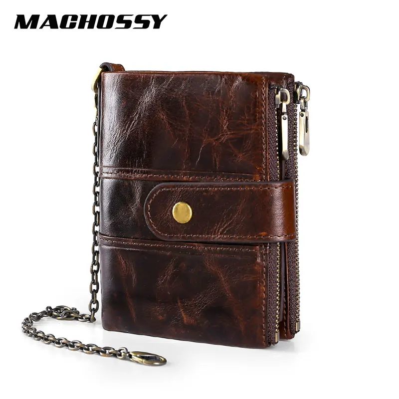MACHOSSY, натуральная кожа, мужской кошелек, Ретро стиль, короткий, Воловья кожа, кошелек с отделением для монет, держатель для карт, дизайнерский кошелек на цепочке для мужчин