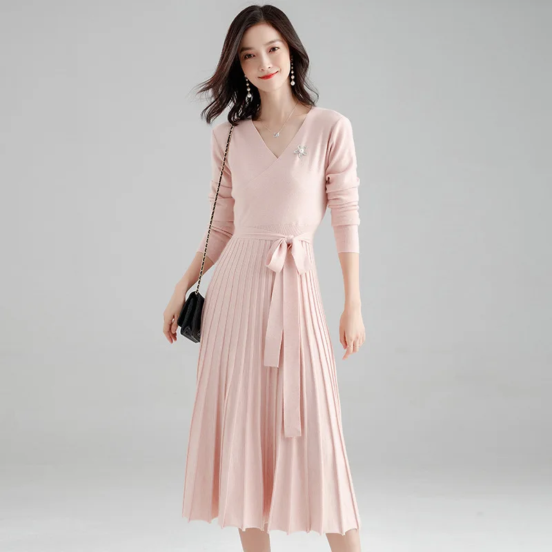 2018 New Winter Black Pink Sweater Dress Women's Fashion Long Sleeve V-Neck Casual Midi Pleated Knitted Vestido De Festa | Женская