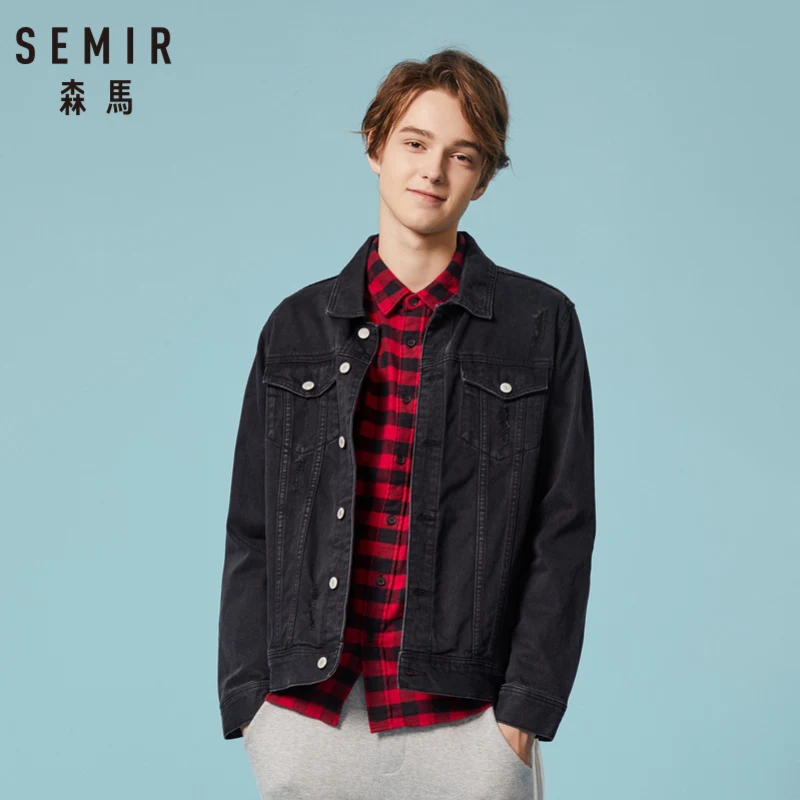 Мужская джинсовая куртка с принтом SEMIR потертая из 100% хлопка воротником