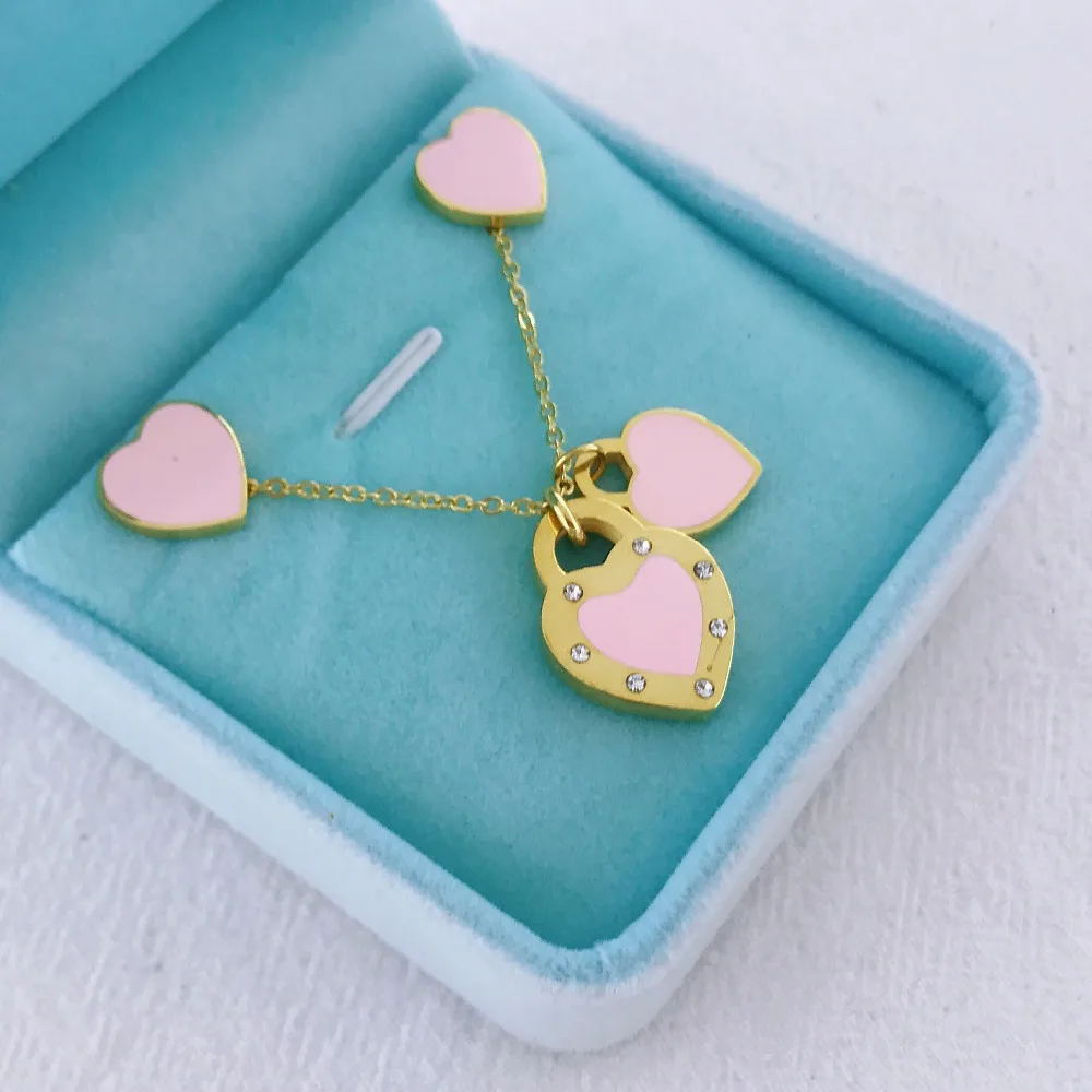 Новое поступление Любовь Двойное сердце Эмаль Ladie FOREVER LOVE ожерелье из нержавеющей стали набор серег ювелирные изделия оптом подарок для женщин