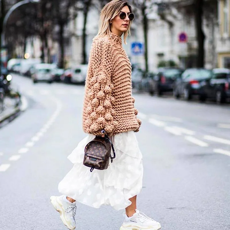 Spring High Street women White sweater coat Pure hand Thickened Turtleneck Coarse lines ultra-thick Black | Женская одежда