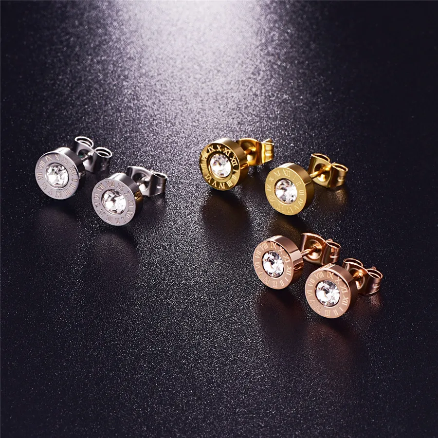 Серьги-гвоздики женские круглые из нержавеющей стали с фианитом 8 мм | Украшения и