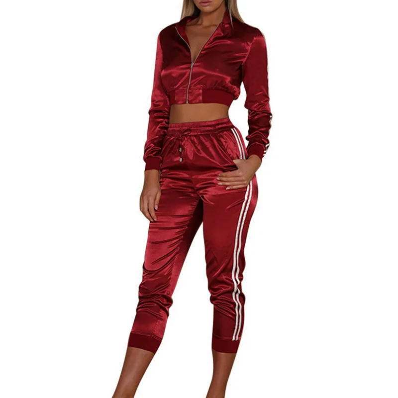 Satin Wine Red LAAMEI, сексуальный осенне-зимний сатиновый комплект для женщин, на молнии, в полоску сбоку, укороченные топы, на завязках, длина до середины икры, штаны, сексуальный тренировочный костюм - Цвет: Satin Wine Red