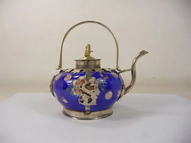 

Handwork Chandwork old decorated porcelain teapot armored dragon Phoenix monkey Garden 100% real Tibetan Silver Brassroom