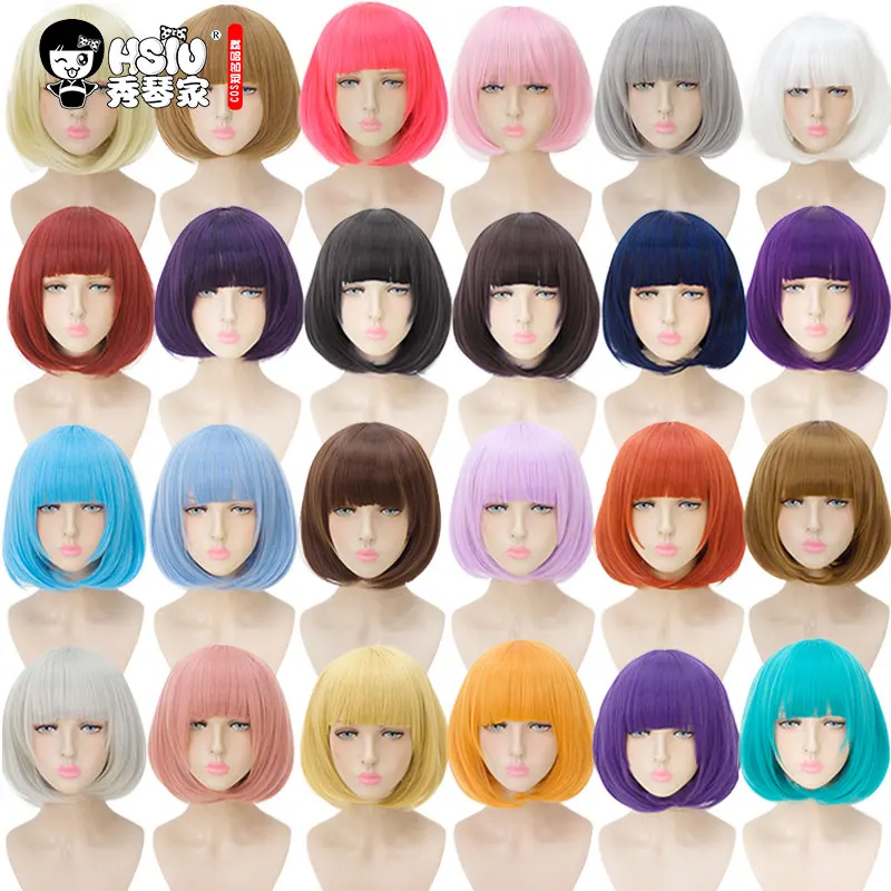 

HSIU 35cm short bobo Wig Black white purple blue red yellow high temperature fiber Synthetic Wigs Costume Party Cosplay Wig