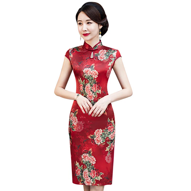 

PLus Size 4XL Female Satin short Evening Cheongsam Chinese Women's Qipao Sexy Print Flower Dresses Vintage Button ZAYS522