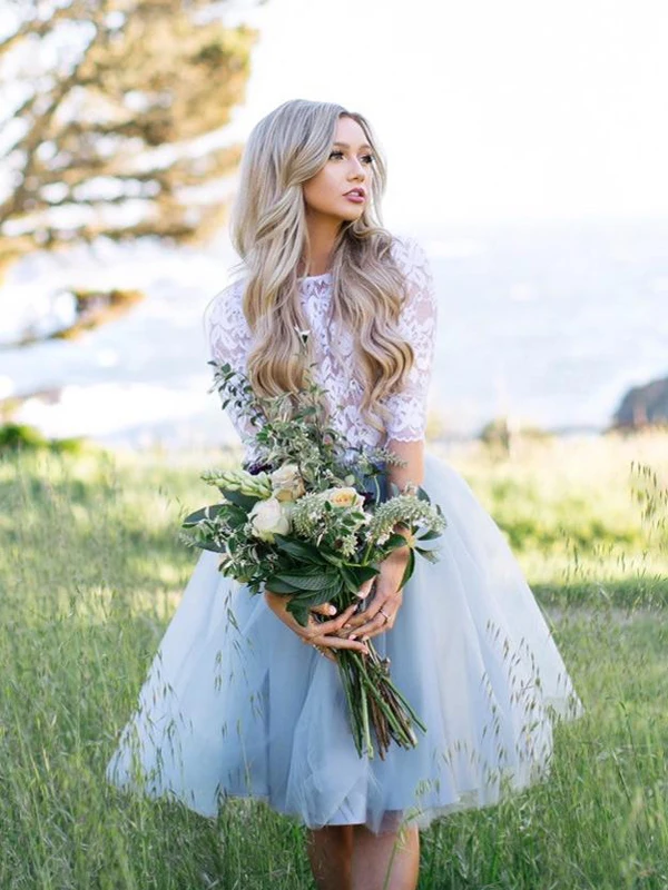 

2019 Half Sleeves Wedding Dress Lace Knee Length Bride Dress Two-pieces Lace Top Beach Informal Dress Cheap Robe de mariee 2019
