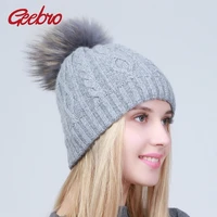 geebro winter knitted wool women hats natural raccoon fur pompom caps female warm hat double layer thick beanies for girls gs136