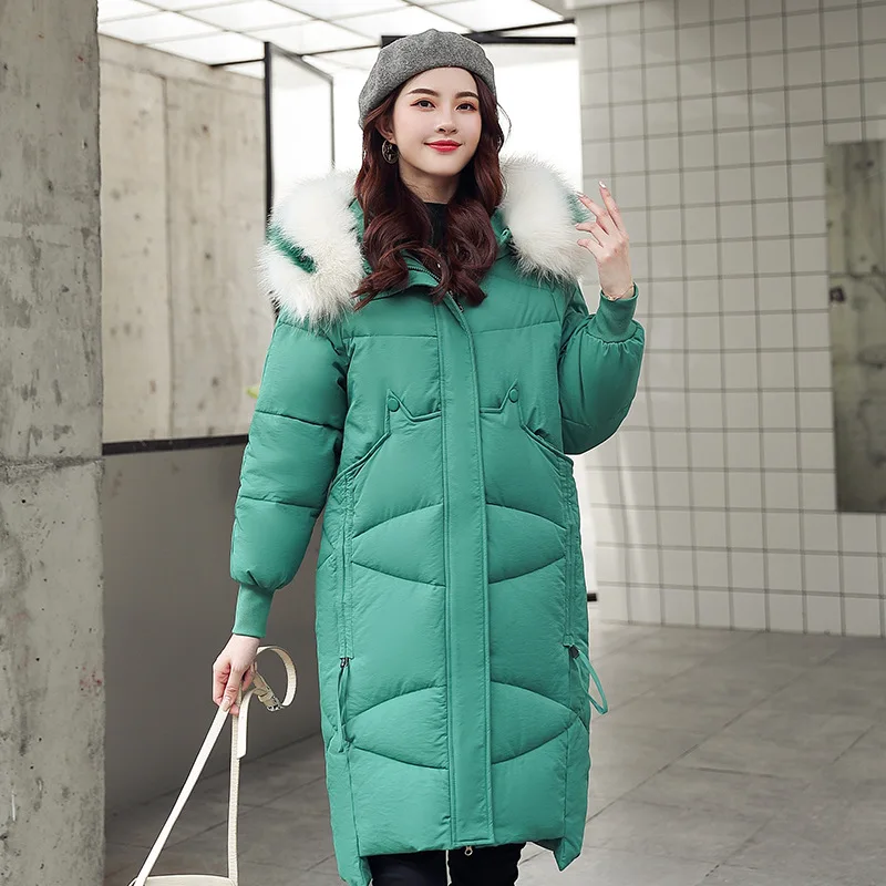 Зеленый Thick Jacket Big fur collar Women's New Korean Version Big Fur Collar Medium-long Knee Size Thickened Jacket 1961 - Цвет: Зеленый