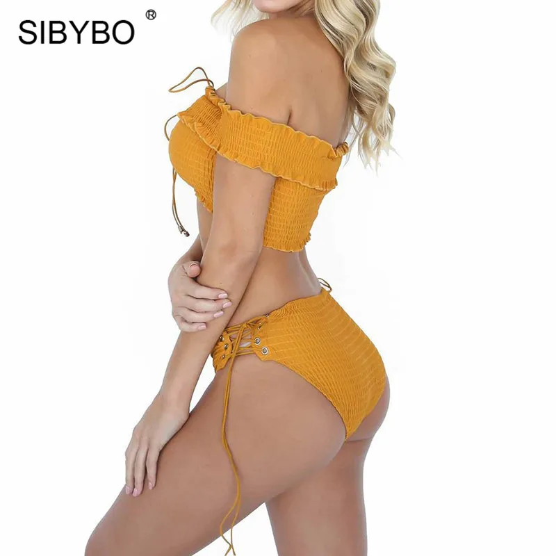 Sibybo, летний комплект из двух предметов с открытыми плечами, на шнуровке, боди для женщин, обтягивающие, с открытой спиной, сексуальные женские комбинезоны, пляжные повседневные Комбинезоны для женщин