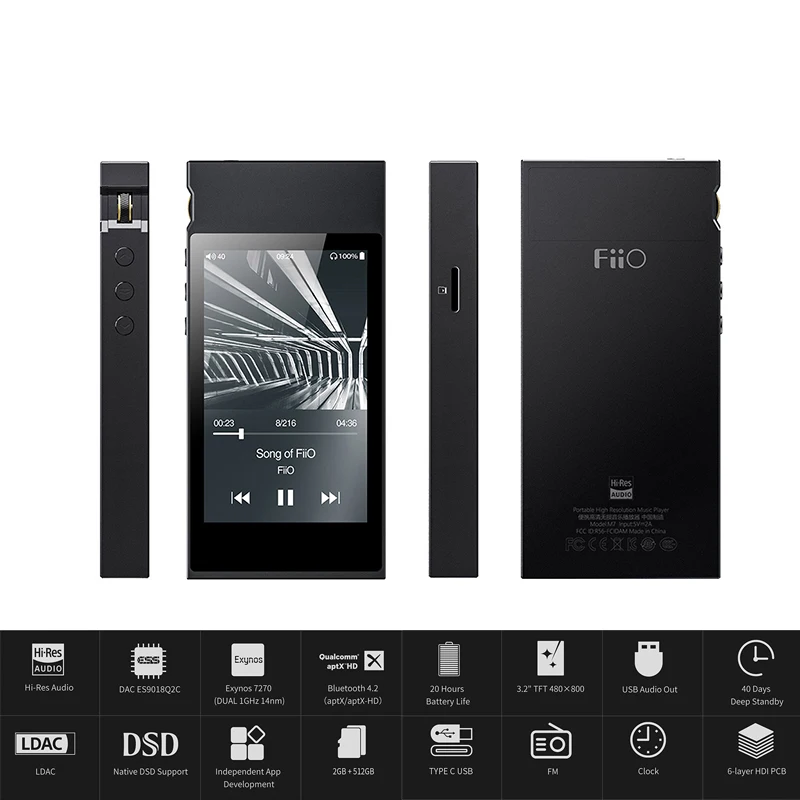 FiiO M7 High-Res аудио музыкальный плеер без потерь MP3 Bluetooth 4,2 aptx-hd LDAC сенсорный экран с поддержкой fm-радио родные DSD128