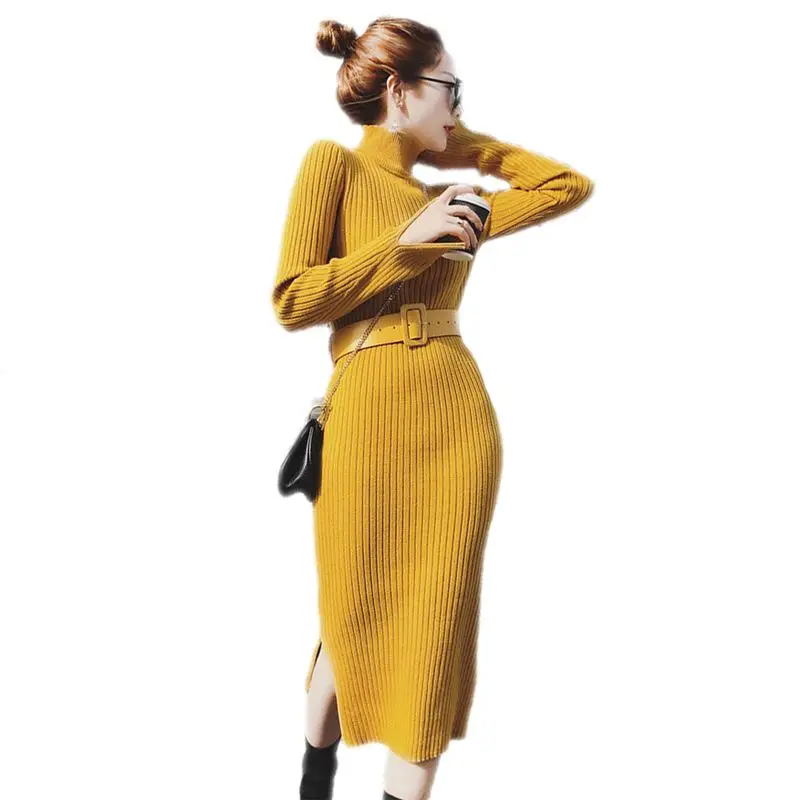 Осень-зима 2018 длинные вязаные пуловеры женские облегающие теплые платья с