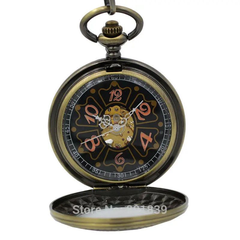 Vintage Magnifier Case Arabic Black Dial Number Hand Wind Mechanical Men Pocket Watch 17 Jewels w/Chain Reloj De Bolsillo | Наручные часы