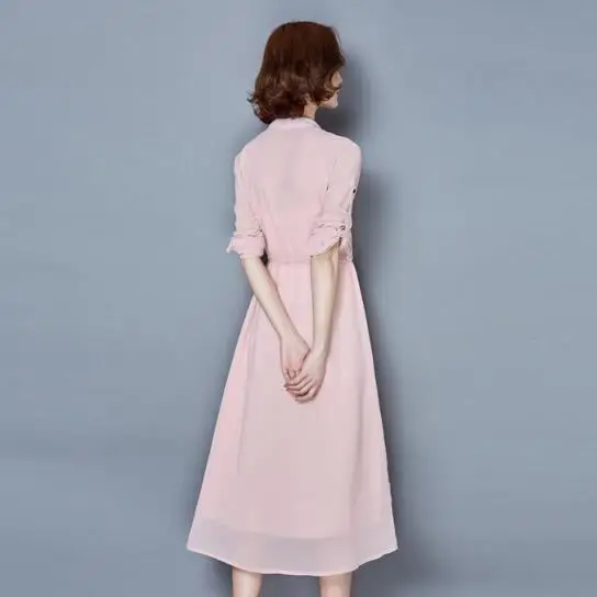 Весенне летняя женская однотонная шифоновая рубашка с воротником и длинными