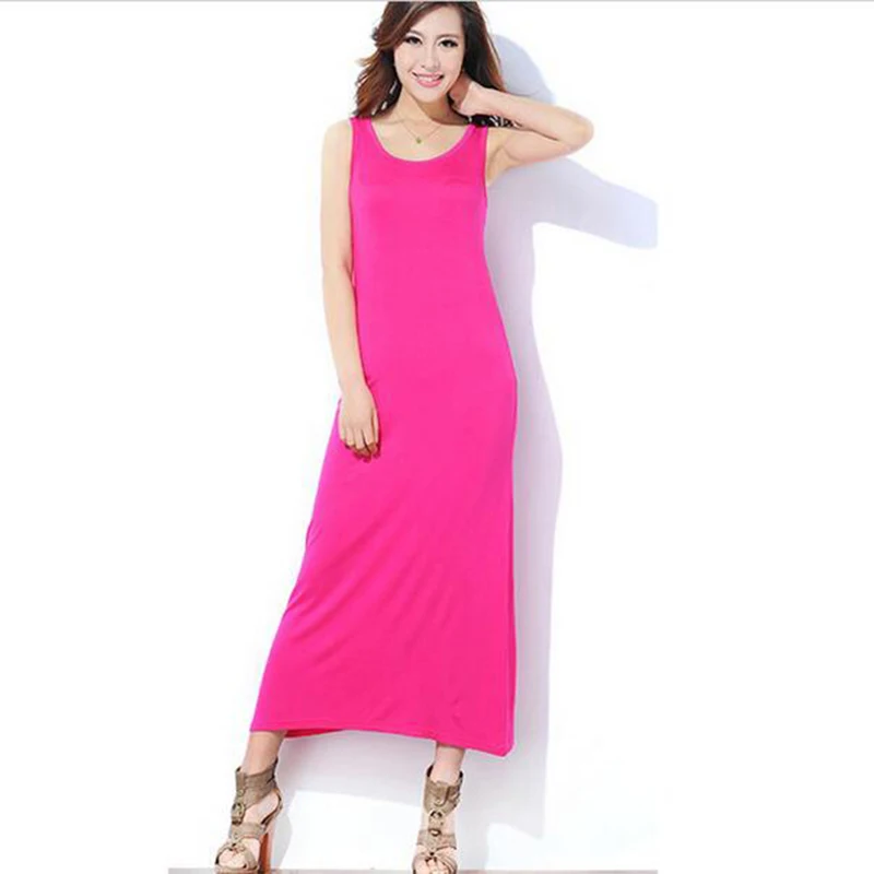 Женское летнее платье без рукавов с круглым вырезом длинное из модала однотонное