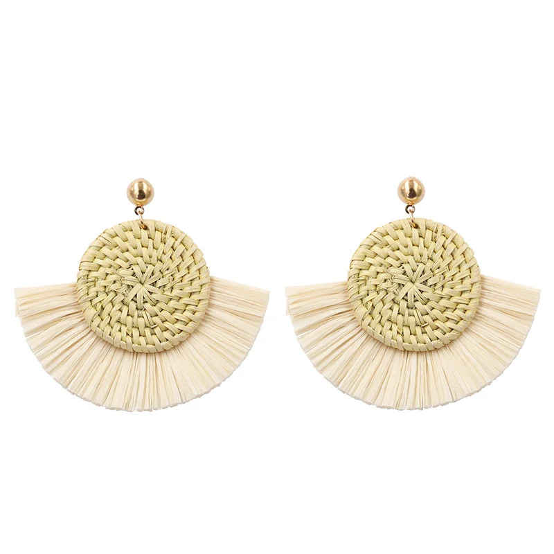 A23762-Beige Леопардовые плетеные Висячие серьги для женщин, богемная кисточка из рафии, серьги с геометрическим плетением из ротанга, трендовые серьги - Окраска металла: A23762-Beige