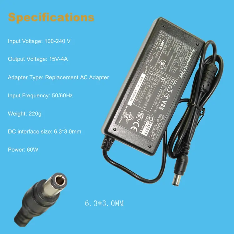 15V 4A 6.3*3.0MM 60W Replacement For Toshiba Satellite PA3282U-1ACA PA2450U-00489A Laptop AC Charger Power Adapter Free shipping |