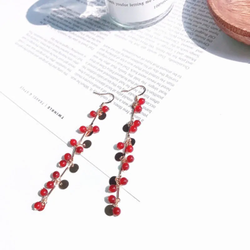 Simple Sweet Geometric Red Tassel Bead Women Dangle Earrings Small Grape Bunch Long Drop Fashion Jewelry | Украшения и аксессуары