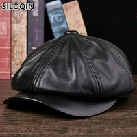 siloqin autumn mens cowhide leather beret genuine leather hat for men elegant fashion young student tongue caps snapback cap