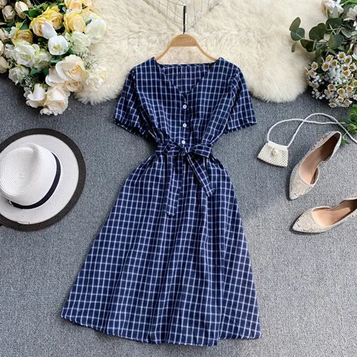 Синий Vintage Button Slim V Neck Plaid Print Short Dress Summer Party Tie Robes Vestidos Women Casual A-Line Vestido De Festa - Цвет: Синий