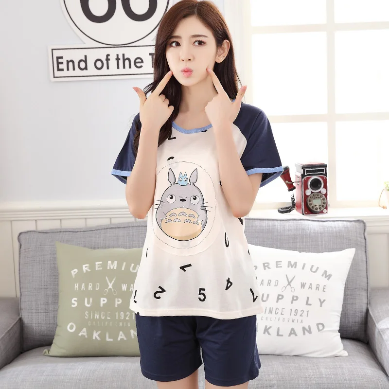 Летние хлопковые женские пижамные комплекты пижама с героями мультфильмов для