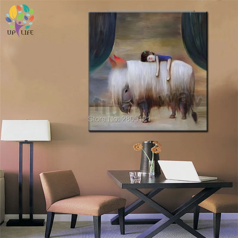 hand painted chinese artist original painting little sleeping girl and the big pet unique design kids child room canvas art | Дом и сад