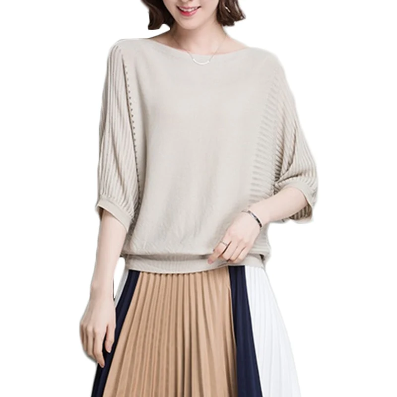 

Hollow Sweater Female New Summer Thin Hedging Seven sleeves Sweaters Women Korean Loose Long Bat sleeve Pink Sweaters Coat A420