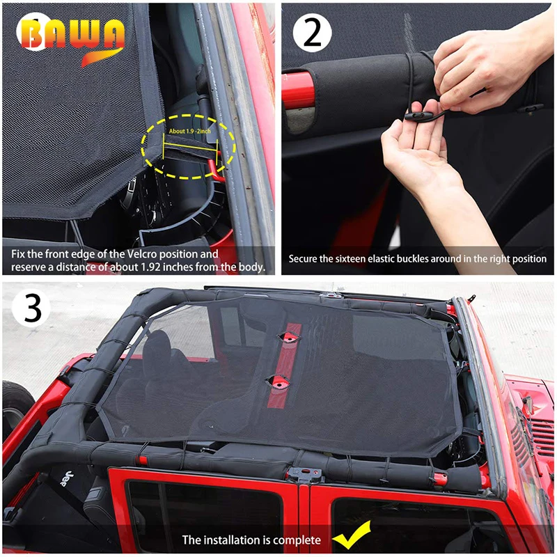 BAWA Солнцезащитная сетчатая верхняя крышка для Jeep Wrangler JK JKU 2007 2017 УФ защита от