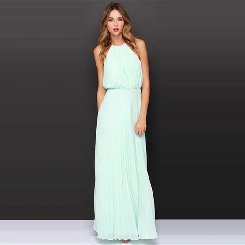 1PC Dress Female Sexy Waist Long Dresses Halter Pleated Sleeveless Spaghetti Strap Chiffon 5 Colors For Women SY2047 | Женская одежда