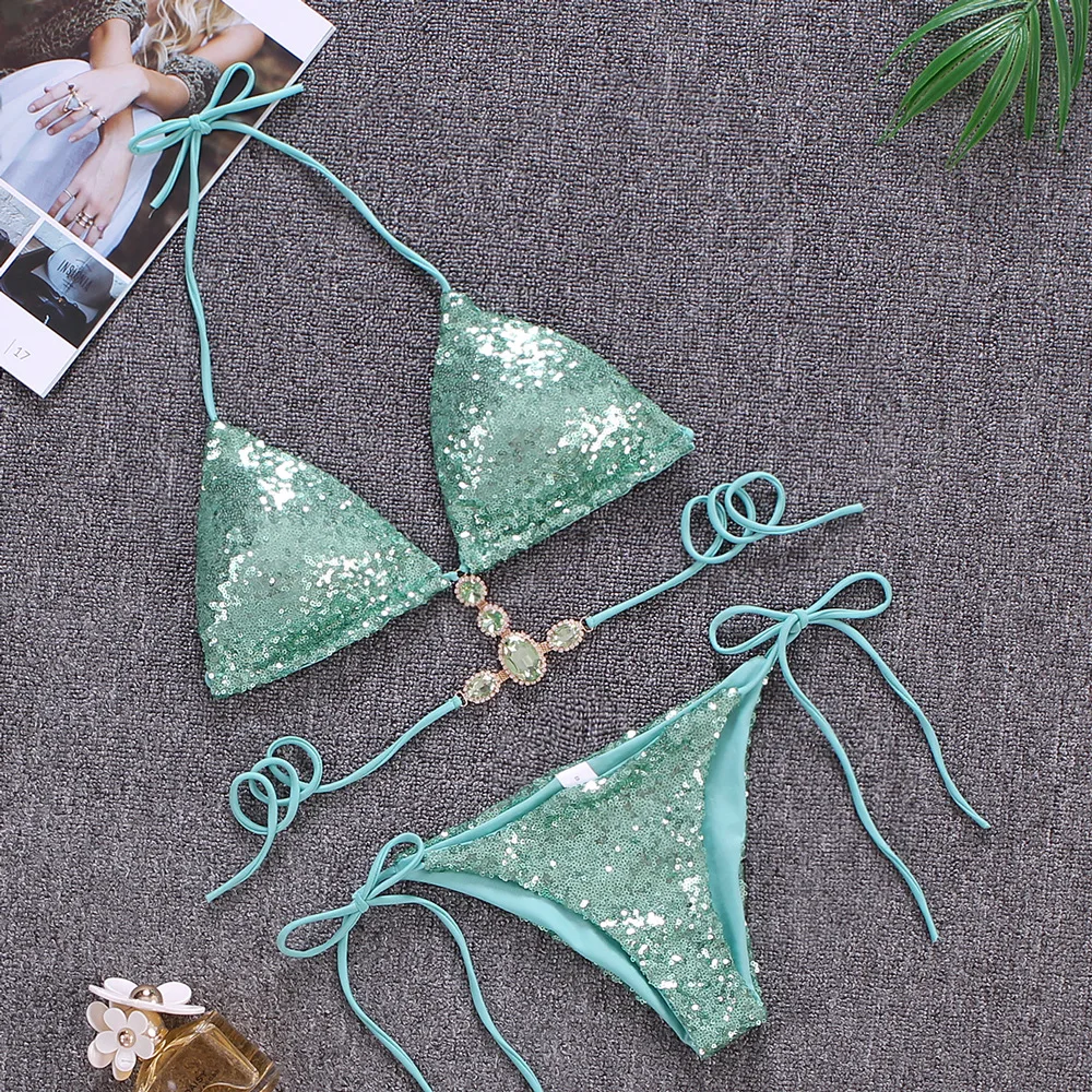 Купальник-бикини с блестками Раздельный купальник тремя точками женский 2019 |