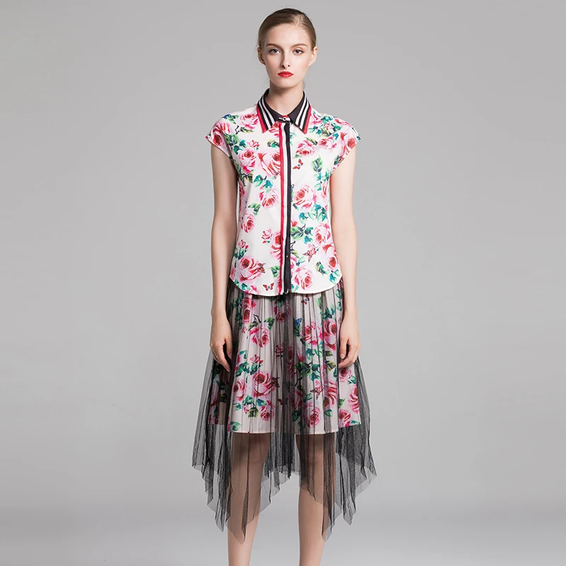 2018 Autumn Pretty Rose Print Women Sets High Quality Sweet Short Sleeve Turn-down Collar Shirts +Mesh Skirts Floral Suits | Женская