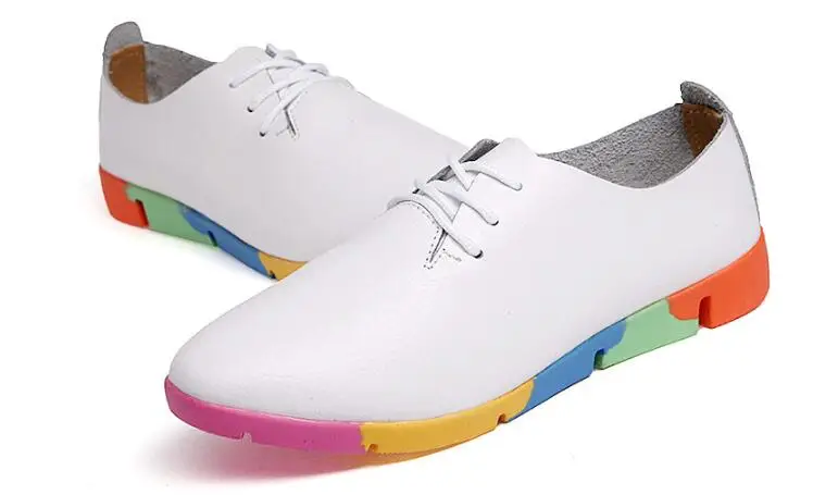 New Autumn spring new lace-up leather women flat white shoes pointed toe deep mouth soft bottom leisure colorful woman | Обувь