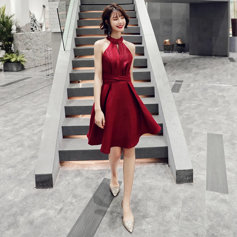 Бургундия Холтер платье Qipao женское Атласное Вечернее платье Короткое Сексуальное Тонкое ТРАПЕЦИЕВИДНОЕ ПЛАТЬЕ с лентой китайские платья