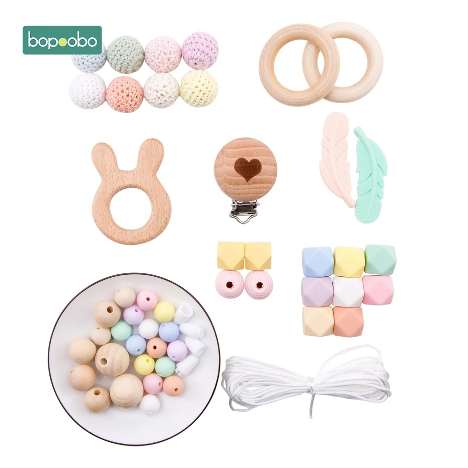 Candy Rabbit Set Bopoobo 1Set Baby Teether DIY Silicone Beads Pacifier Clip Chain Baby Mobile Wool ball BPA Free Wooden Crochet Beads Teether - Цвет: Candy Rabbit Set