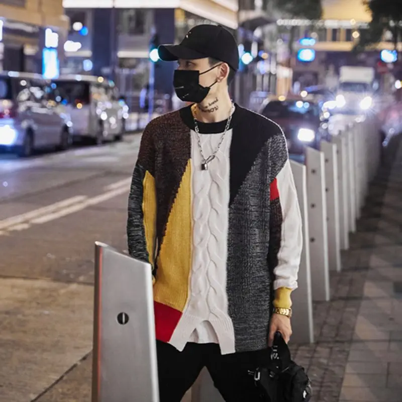 Мужской свитер и пуловер в стиле хип-хоп вязаный уличная одежда цветной блок