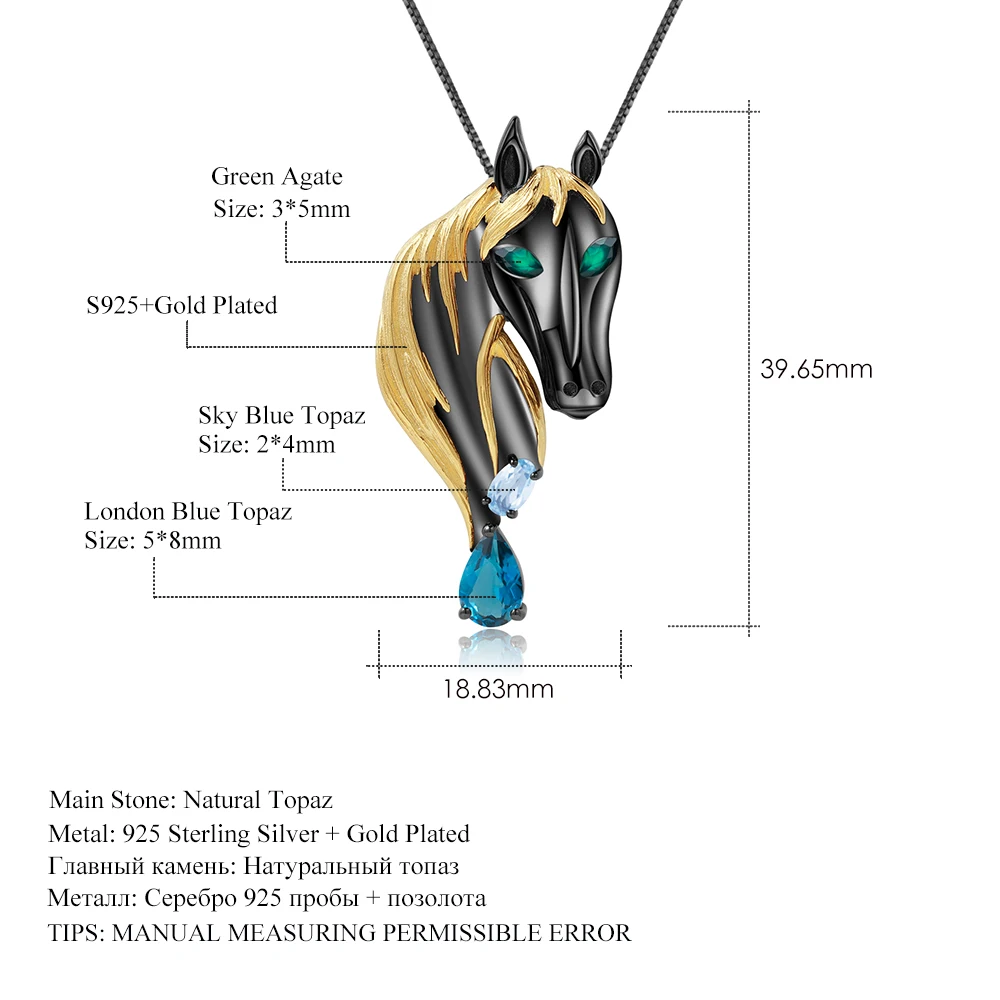 

GEM'S BALLET Natural London Blue Topaz Personality Horse Pendant Brooch For Women 925 Sterling Silver Gemstone Zodiac Jewelry