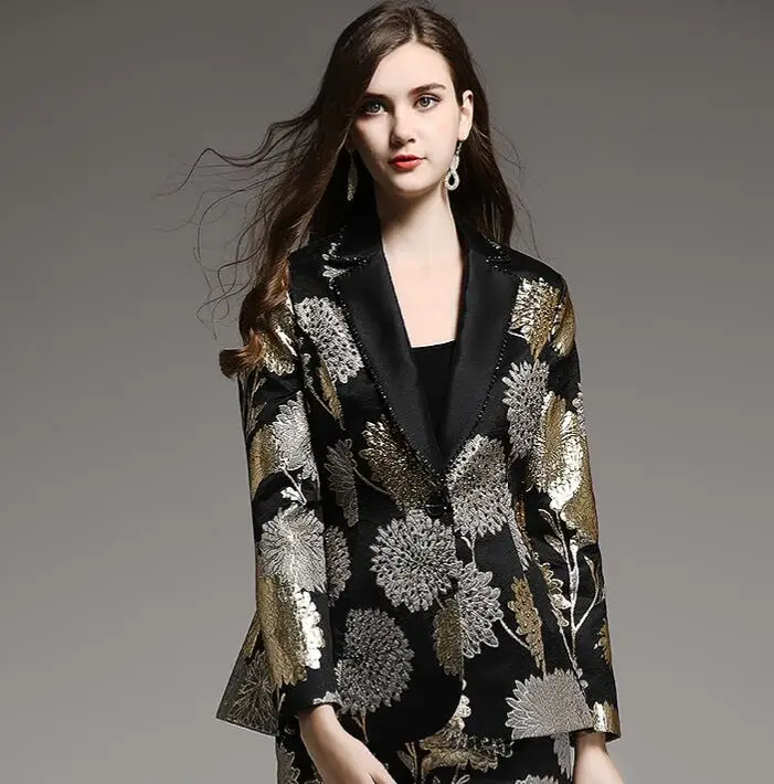 Black coat Высококачественный осенне-зимний женский костюм из вискозы, винтажное цветочное Свободное пальто, украшенное бисером+ жаккардовые юбки, комплект из 2 предметов, Женский M-XXL - Цвет: Black coat
