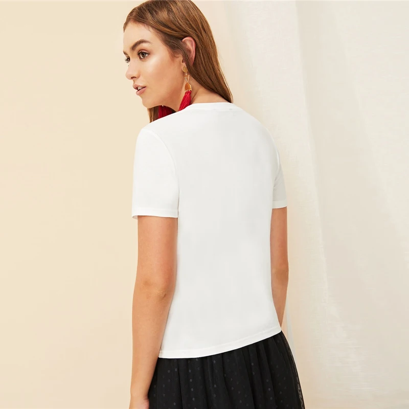 SHEIN белая футболка с надписью и надписью, облегающая футболка с коротким рукавом и круглым вырезом, женская летняя повседневная футболка