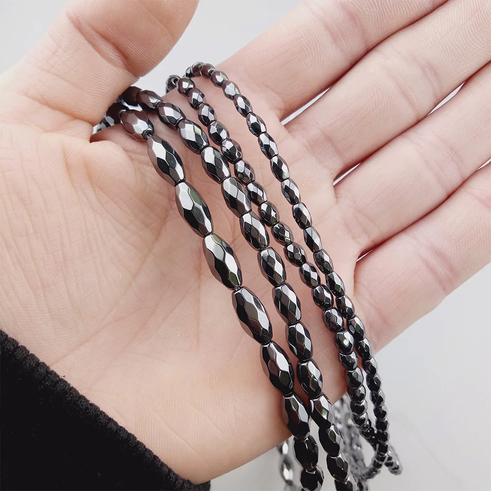 

WLYeeS Faceted oval Hematite beads Black Natural Stone Rice shape Spacer Loose beads for jewelry Bracelet Accessories Making DIY