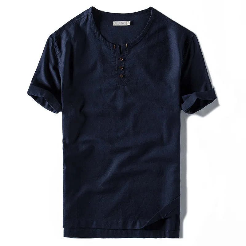Мужская льняная рубашка без воротника модная крутая Однотонная в китайском