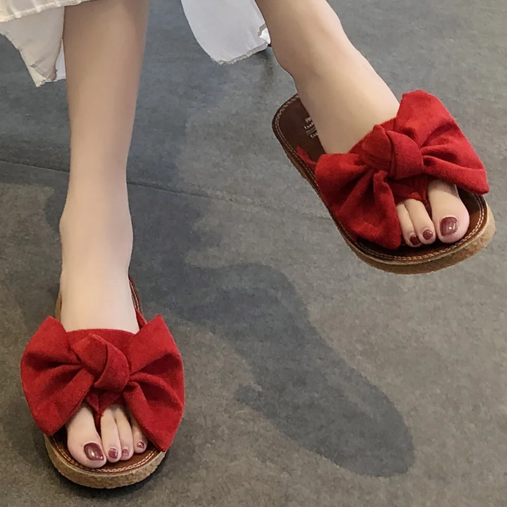 Женские однотонные сандалии на плоской подошве с бантом домашние и уличные