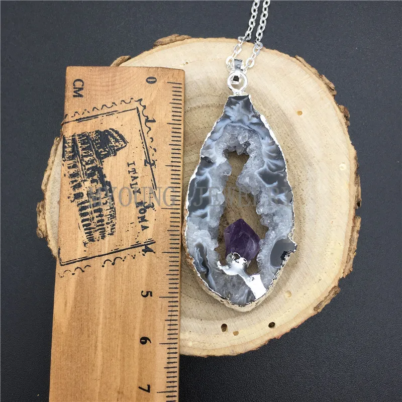 Natural Agates Geode Druzy Slice Pendant with Amethysts Point Embedded Necklace Silver Electroplated Edges And Chain MY0855 | Украшения и