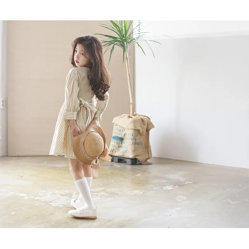 2018 Korean Girls Dress Spring Autumn Seven-point Sleeves Striped Bow Retro Square Collar Children Cotton Dresses for Teenagers | Детская