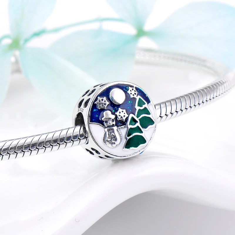 Christmas Eve Snowman Winter Night snow falling 925 Sterling Silver beads Fit Original Pandora Charm Bracelet Jewelry making | Украшения и